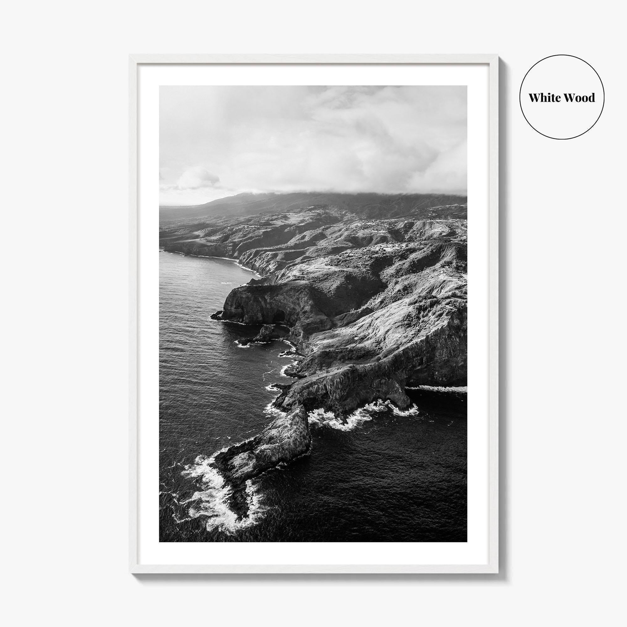 Maui Black and White Fine Art Photo Print, Hawaii Aerial Island Ocean Landscape Poster