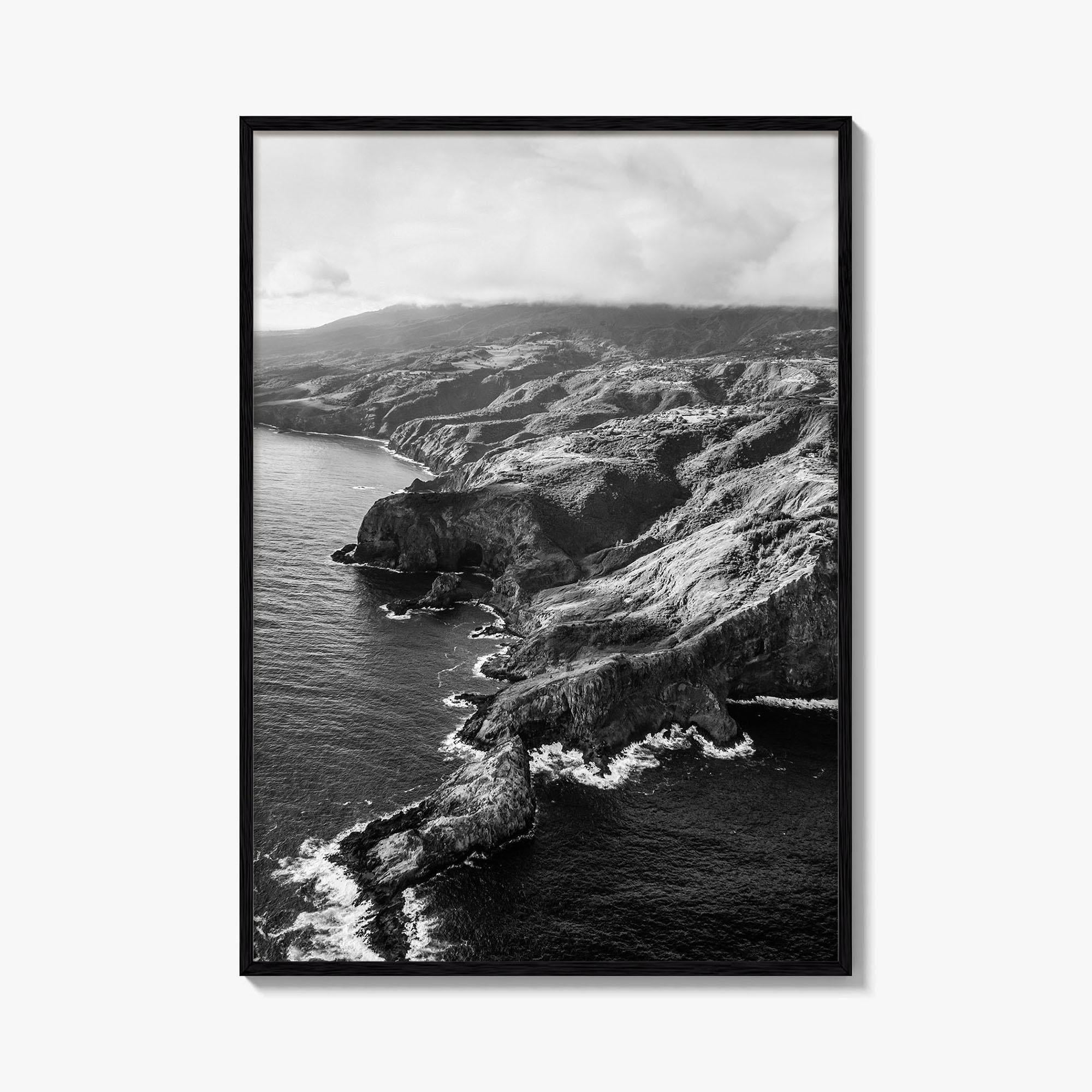 Maui Black and White Fine Art Photo Print, Hawaii Aerial Island Ocean Landscape Poster