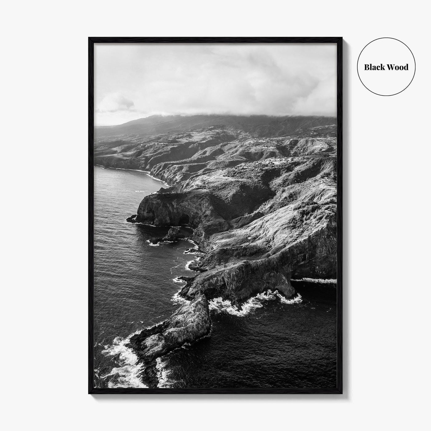 Maui Black and White Fine Art Photo Print, Hawaii Aerial Island Ocean Landscape Poster