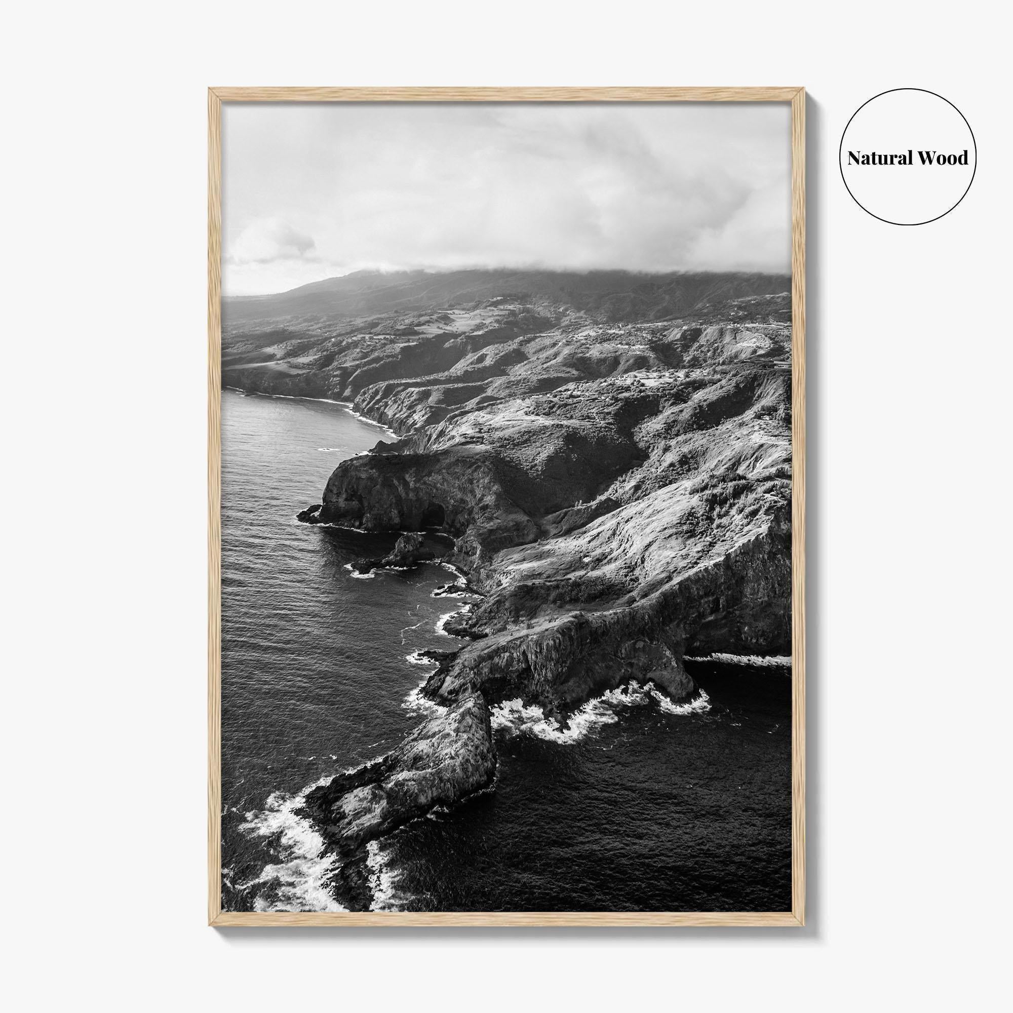 Maui Black and White Fine Art Photo Print, Hawaii Aerial Island Ocean Landscape Poster