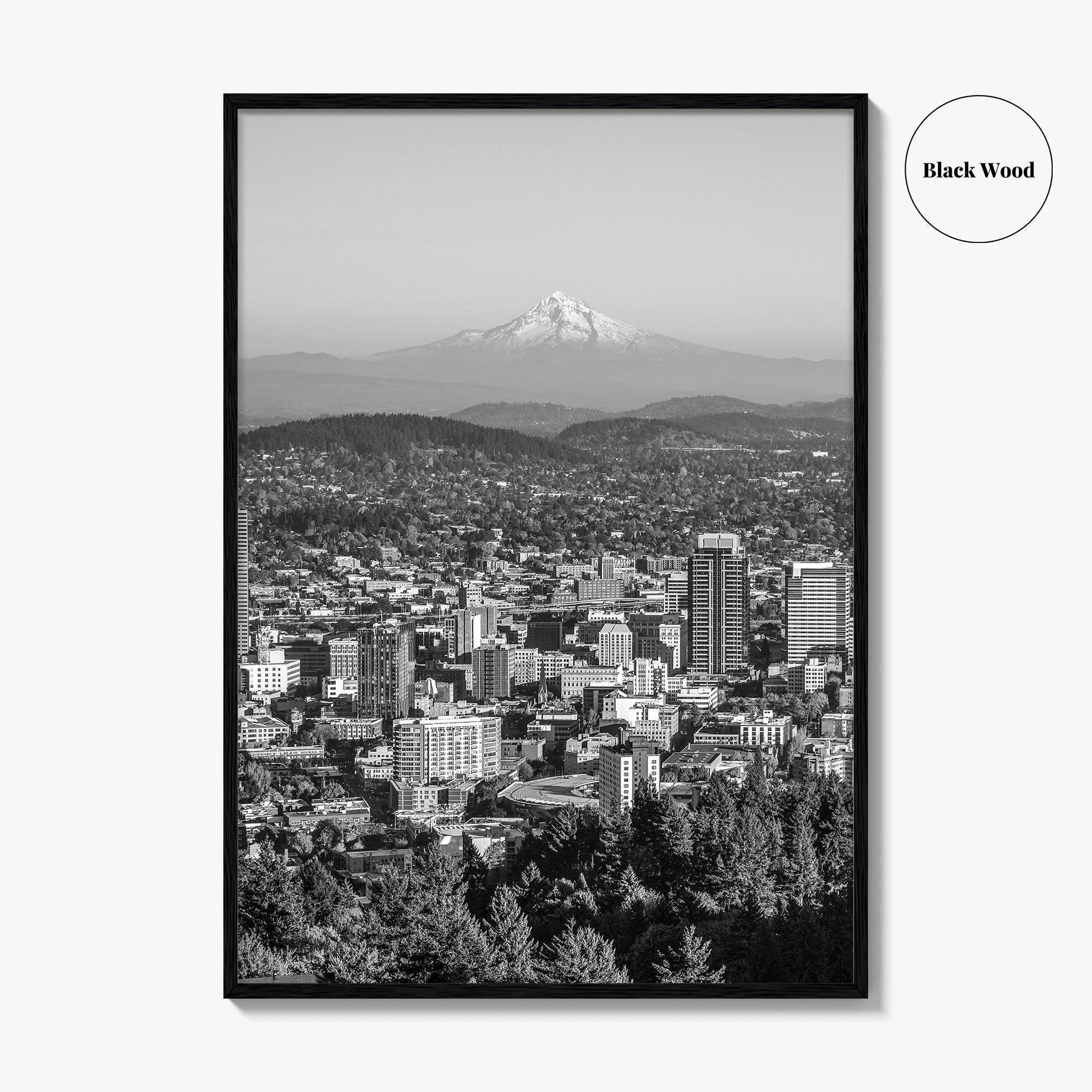 Portland Oregon Skyline Black and White Fine Art Photo Print, Mount Hood, Poster, USA