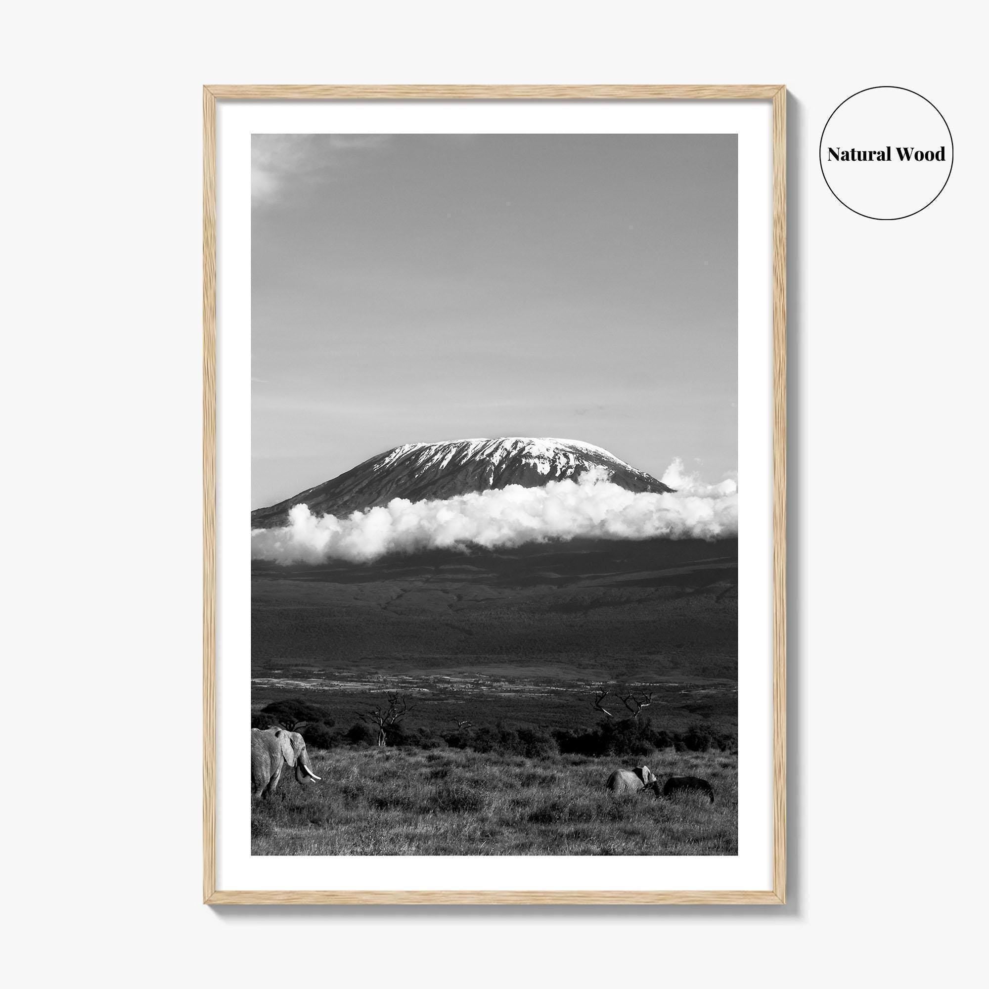 Mount Kilimanjaro Black and White Fine Art Photo Print, Tanzania Elephants Poster, Amboseli Wildlife