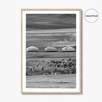 Mongolia Black and White Fine Art Photo Print, Ger Yurt, Goat Herd, Steppe Poster