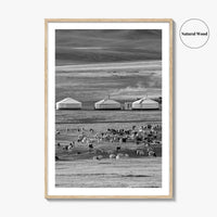 Mongolia Black and White Fine Art Photo Print, Ger Yurt, Goat Herd, Steppe Poster