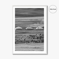 Mongolia Black and White Fine Art Photo Print, Ger Yurt, Goat Herd, Steppe Poster
