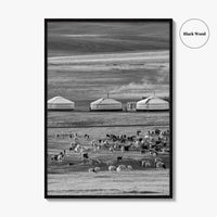 Mongolia Black and White Fine Art Photo Print, Ger Yurt, Goat Herd, Steppe Poster
