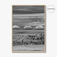 Mongolia Black and White Fine Art Photo Print, Ger Yurt, Goat Herd, Steppe Poster