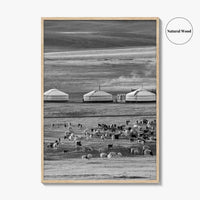 Mongolia Black and White Fine Art Photo Print, Ger Yurt, Goat Herd, Steppe Poster