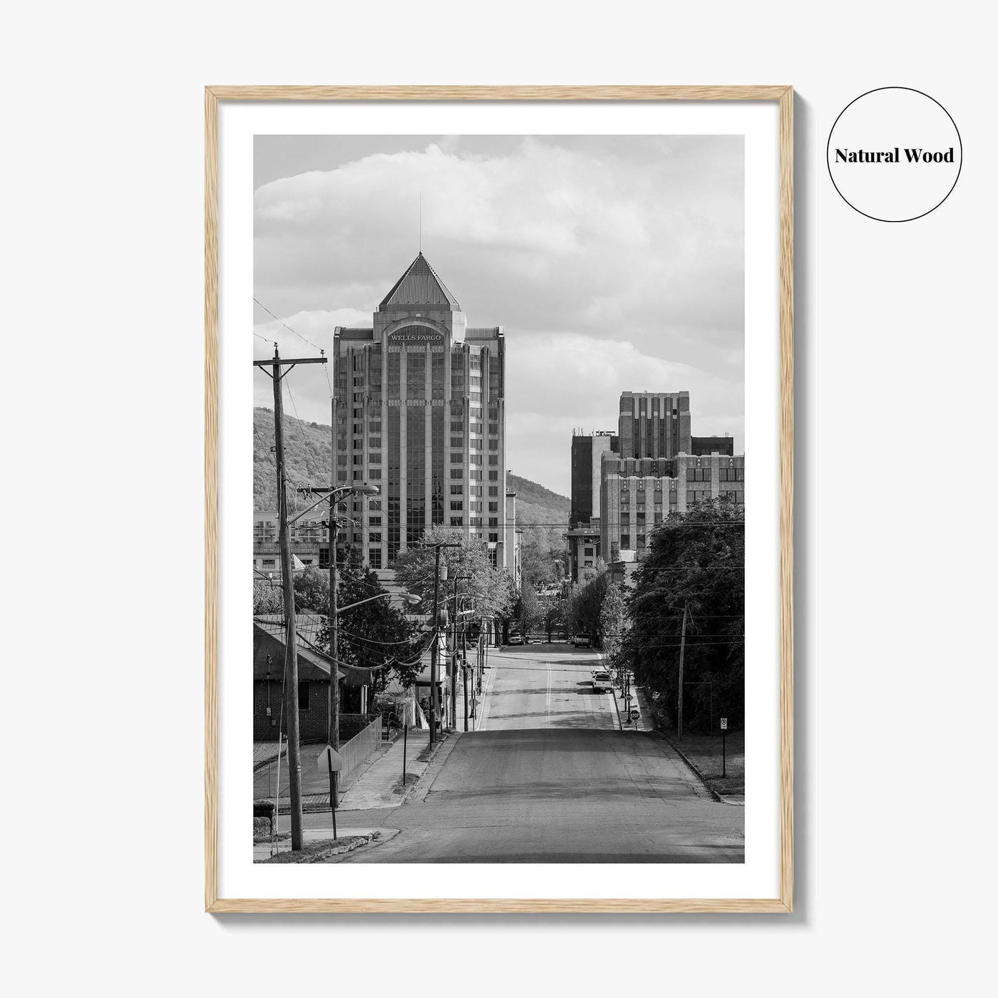 Roanoke Skyline Black and White Fine Art Photo Print, Jefferson Street, Virginia, Wall Decor
