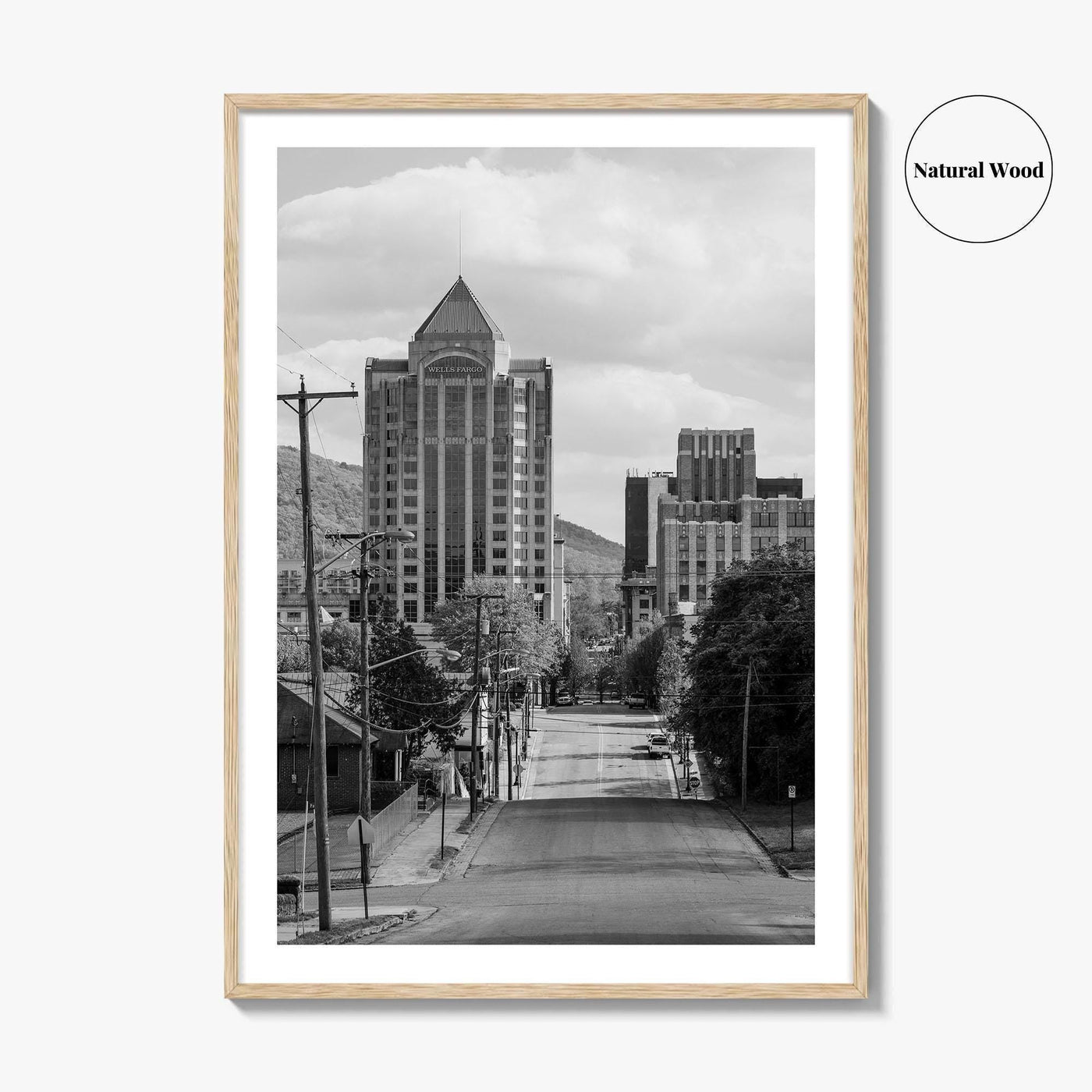 Roanoke Skyline Black and White Fine Art Photo Print, Jefferson Street, Virginia, Wall Decor