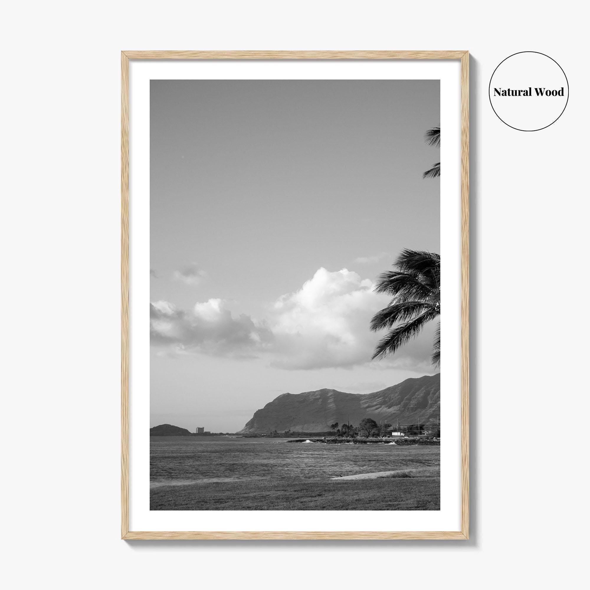 Oahu Black and White Fine Art Photo Print, Hawaii Coast Palm Trees, Wall Poster