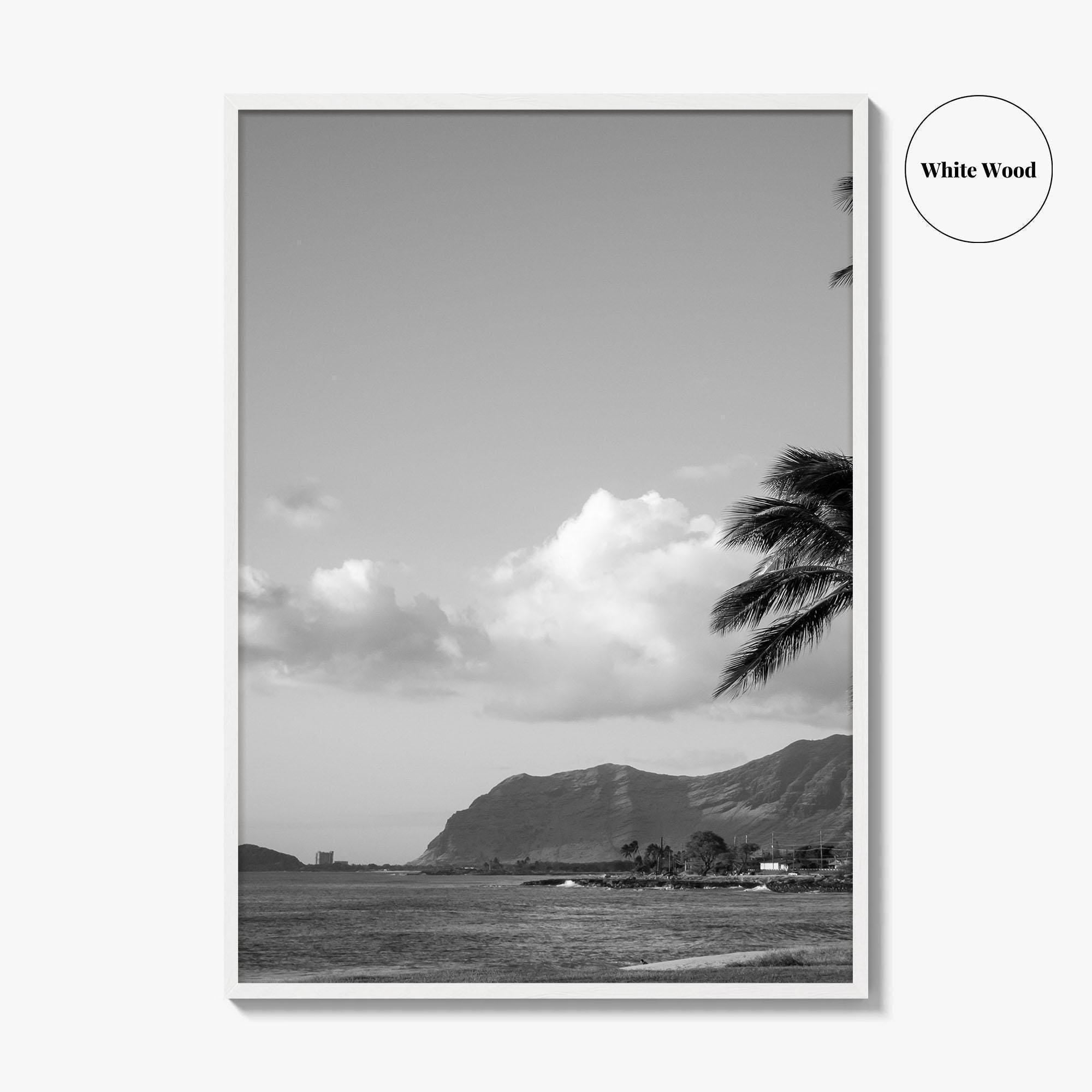 Oahu Black and White Fine Art Photo Print, Hawaii Coast Palm Trees, Wall Poster