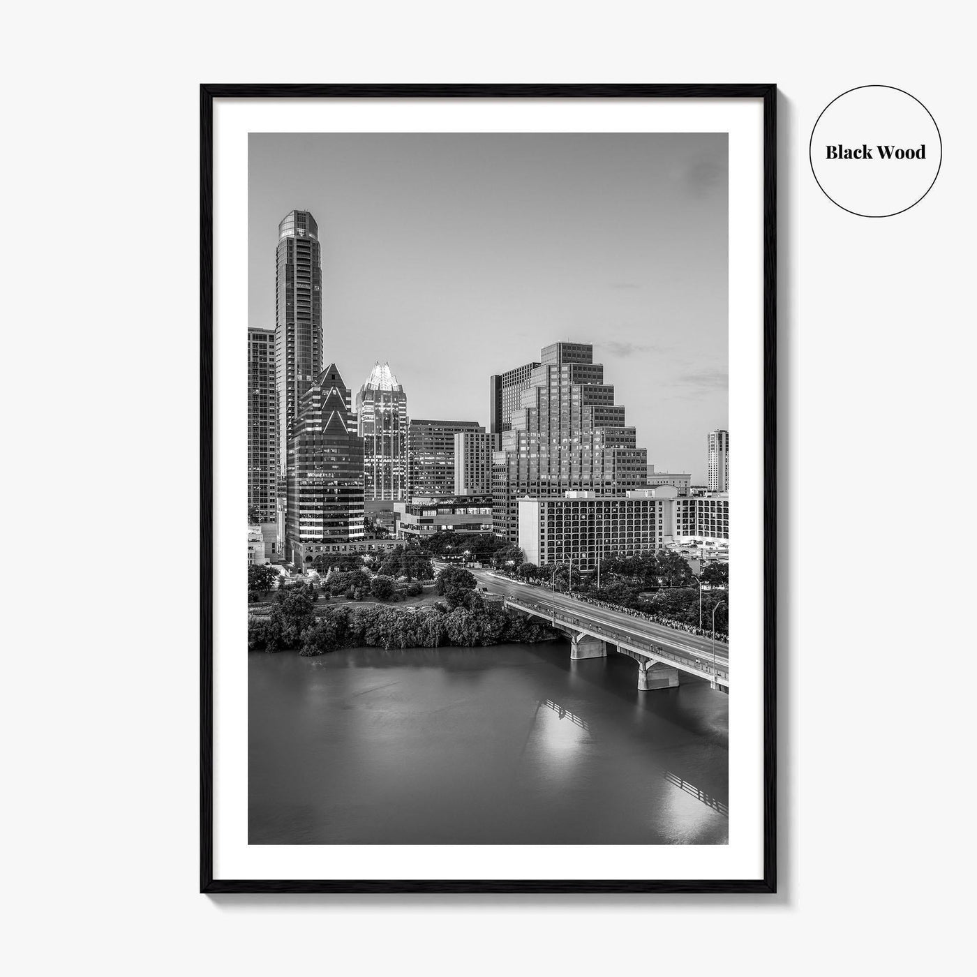 Austin Skyline Black and White Fine Art Photo Print, Texas Colorado River Poster