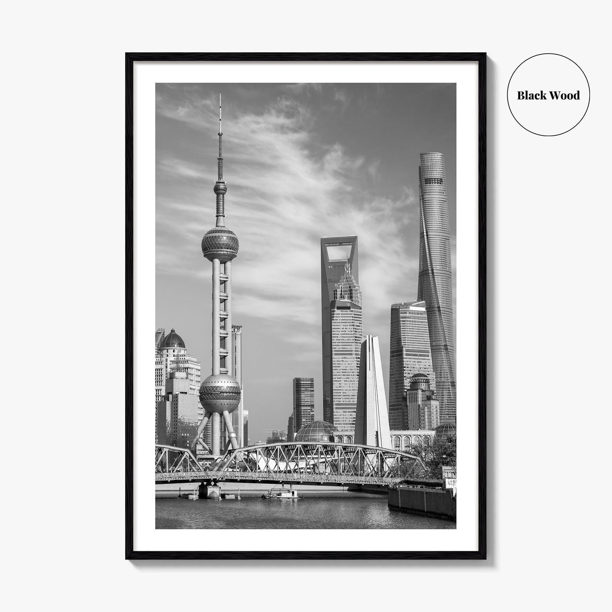 Shanghai Skyline Black and White Fine Art Photo Print, Waibaidu Bridge, China Wall Decor