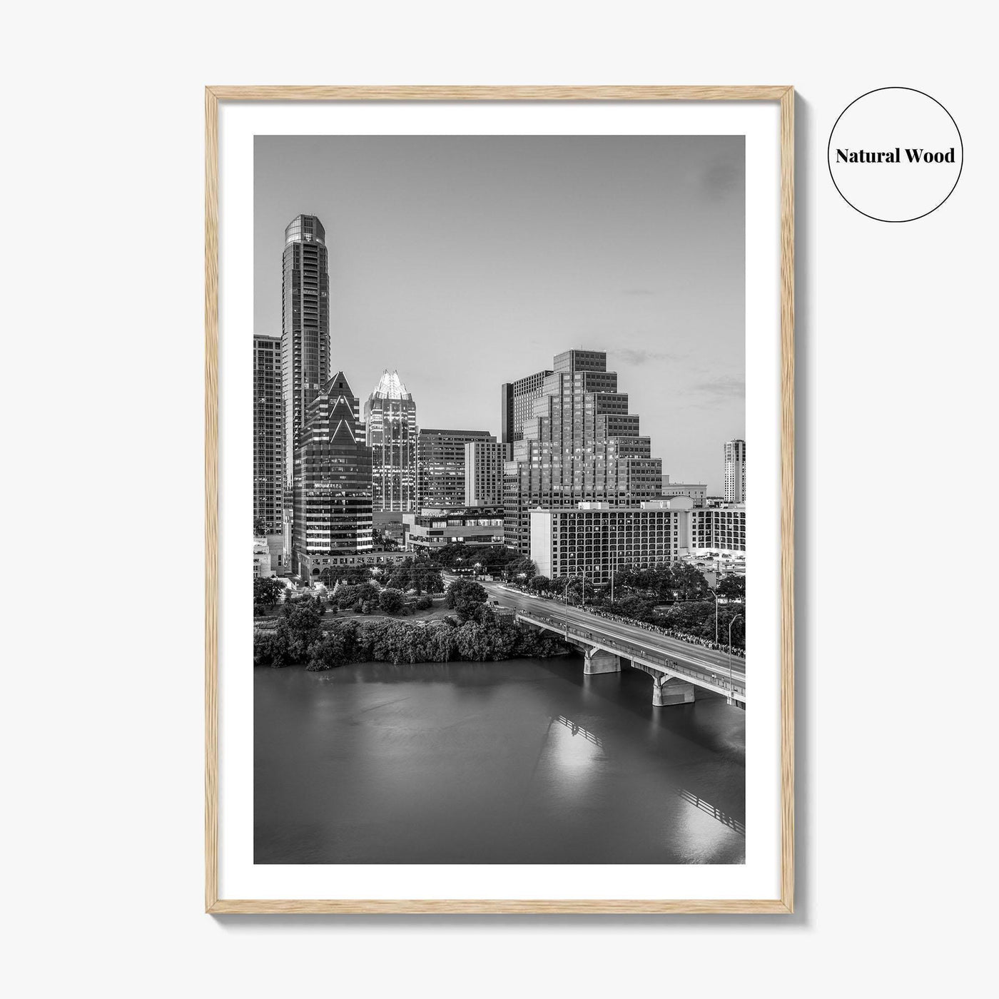 Austin Skyline Black and White Fine Art Photo Print, Texas Colorado River Poster