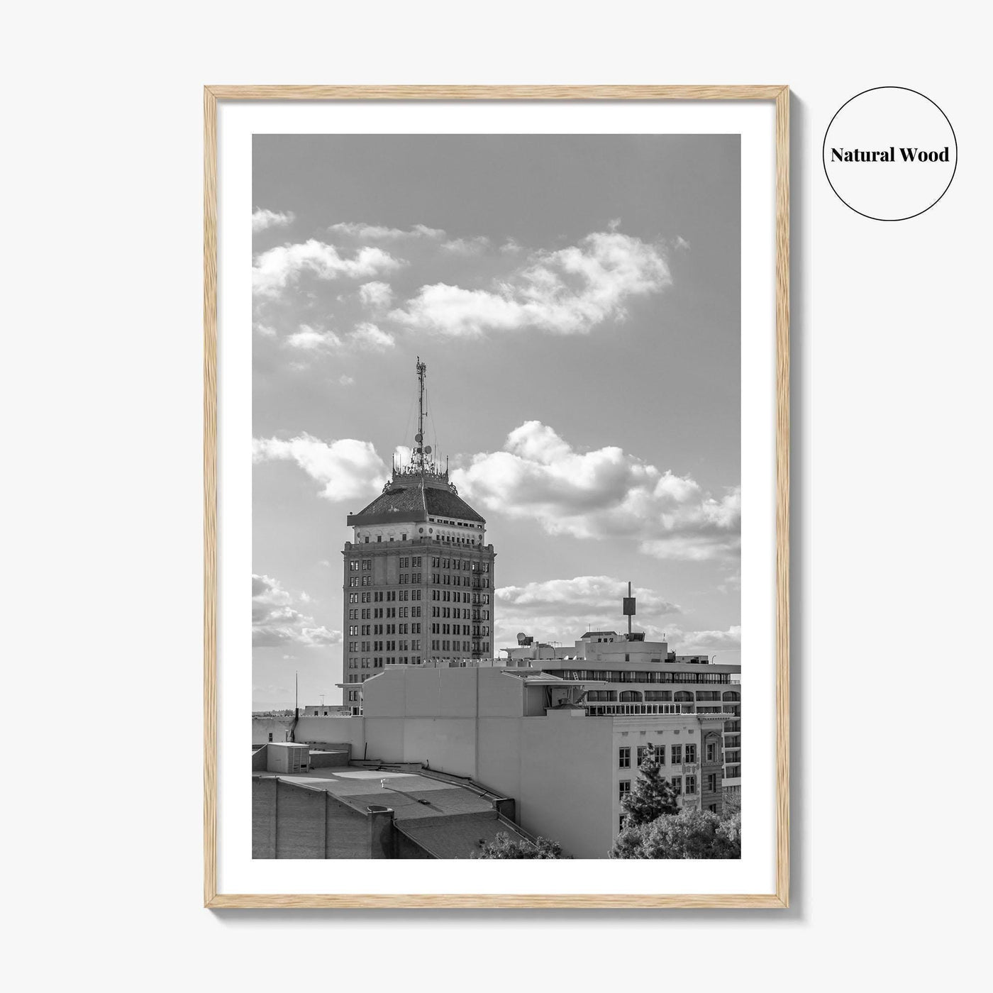 Fresno Skyline Black and White Fine Art Photo Print, Downtown California Poster