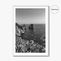 Capri Island Black and White Fine Art Photo Print, Faraglioni Cliffs, Tyrrhenian Sea, Italy
