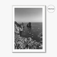 Capri Island Black and White Fine Art Photo Print, Faraglioni Cliffs, Tyrrhenian Sea, Italy