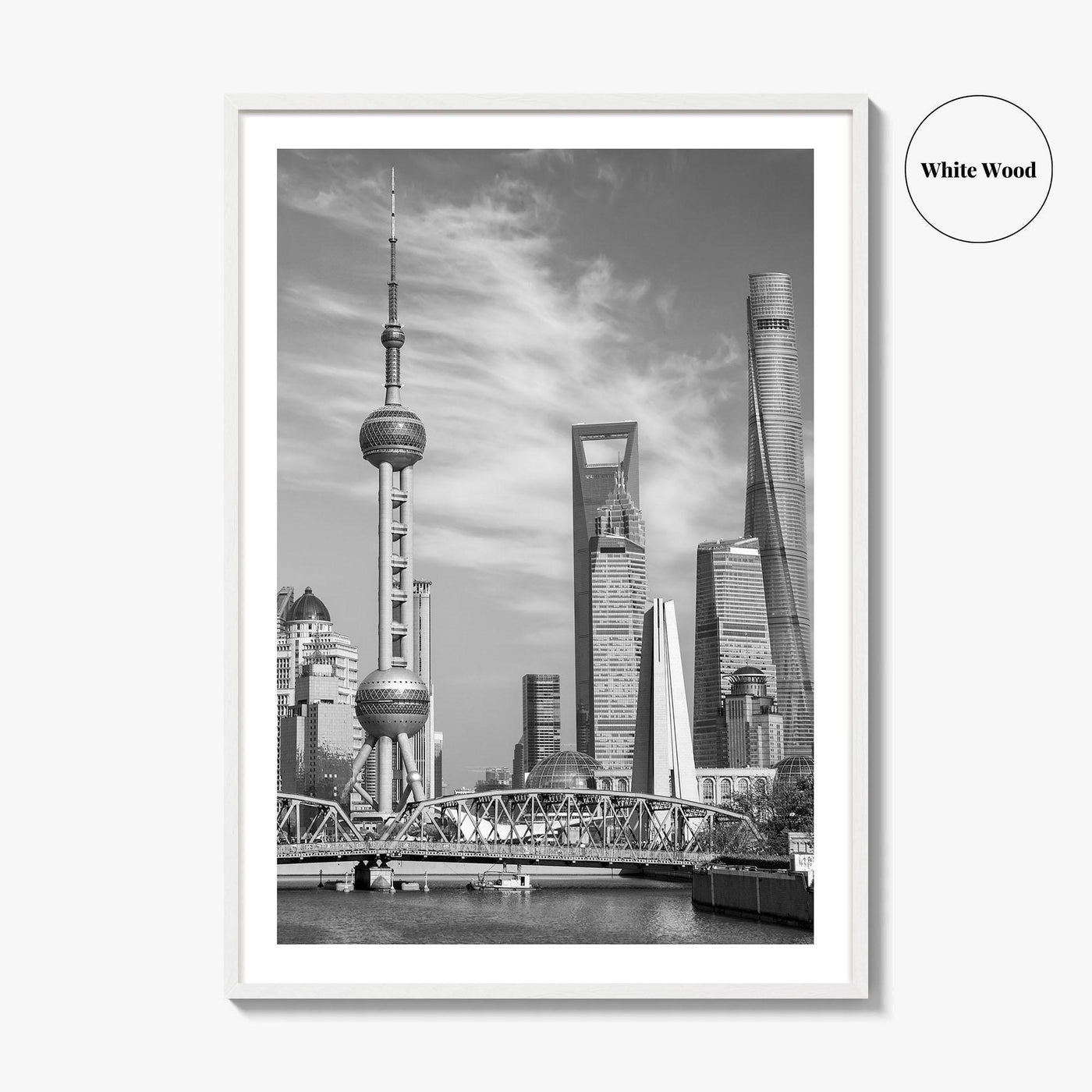 Shanghai Skyline Black and White Fine Art Photo Print, Waibaidu Bridge, China Wall Decor