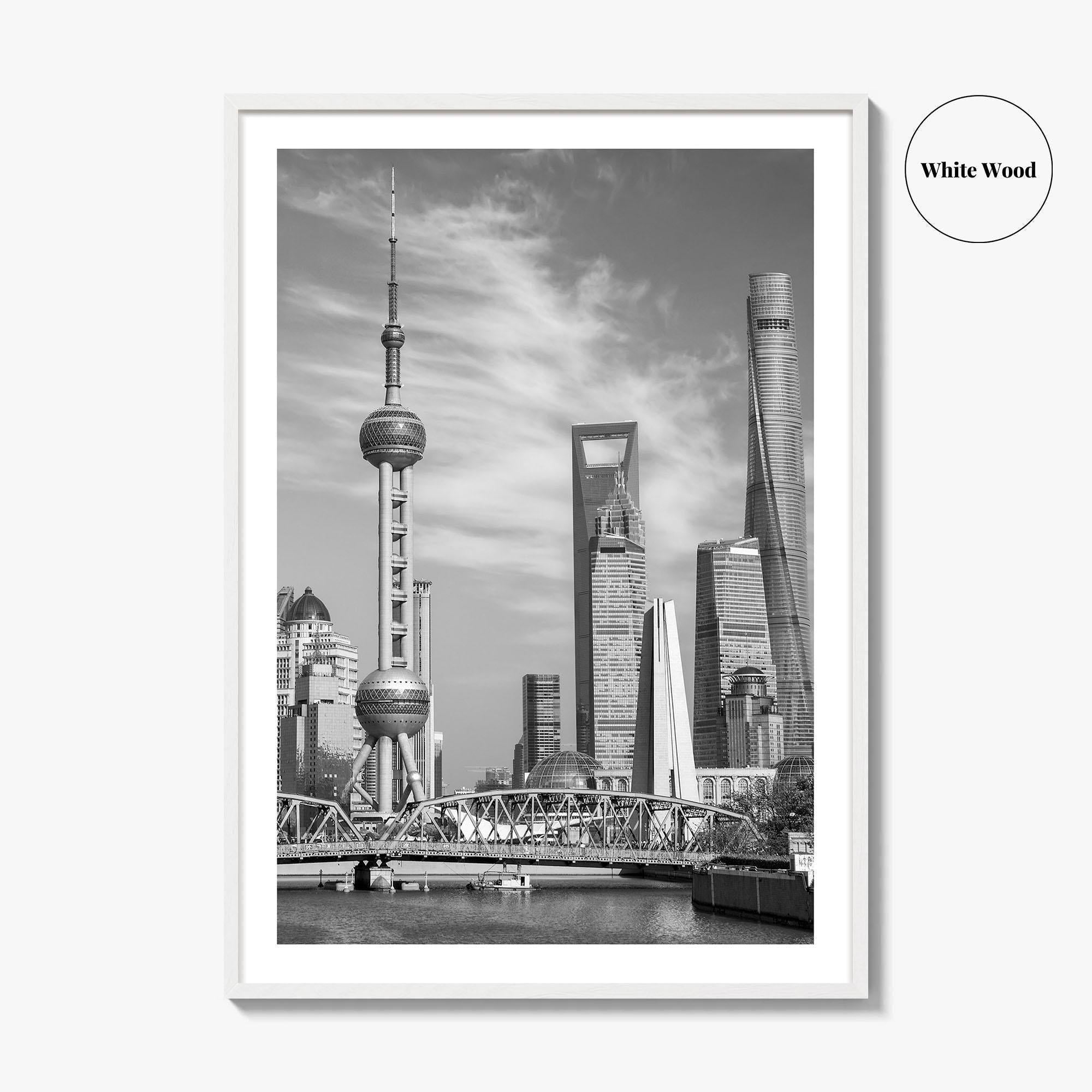 Shanghai Skyline Black and White Fine Art Photo Print, Waibaidu Bridge, China Wall Decor