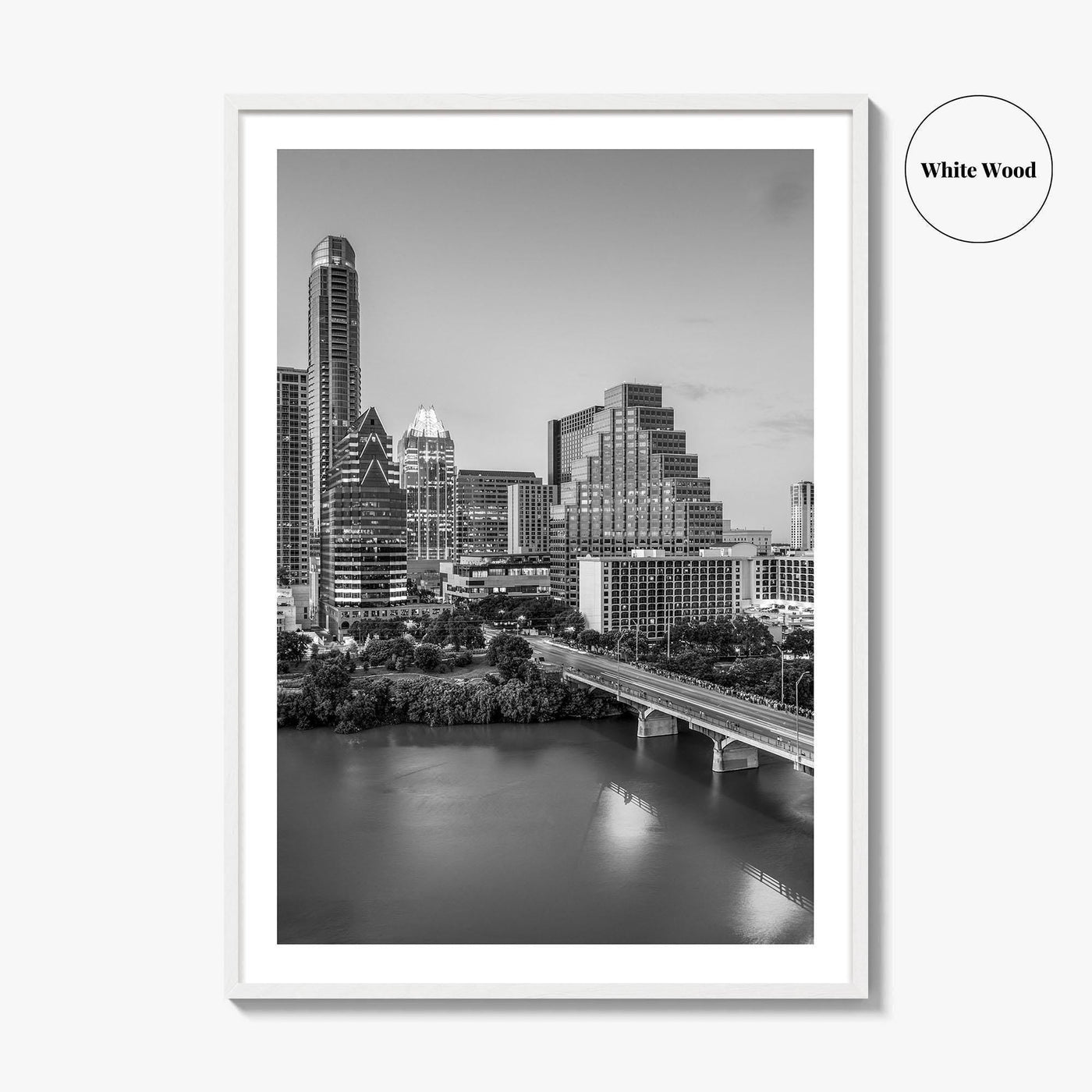 Austin Skyline Black and White Fine Art Photo Print, Texas Colorado River Poster
