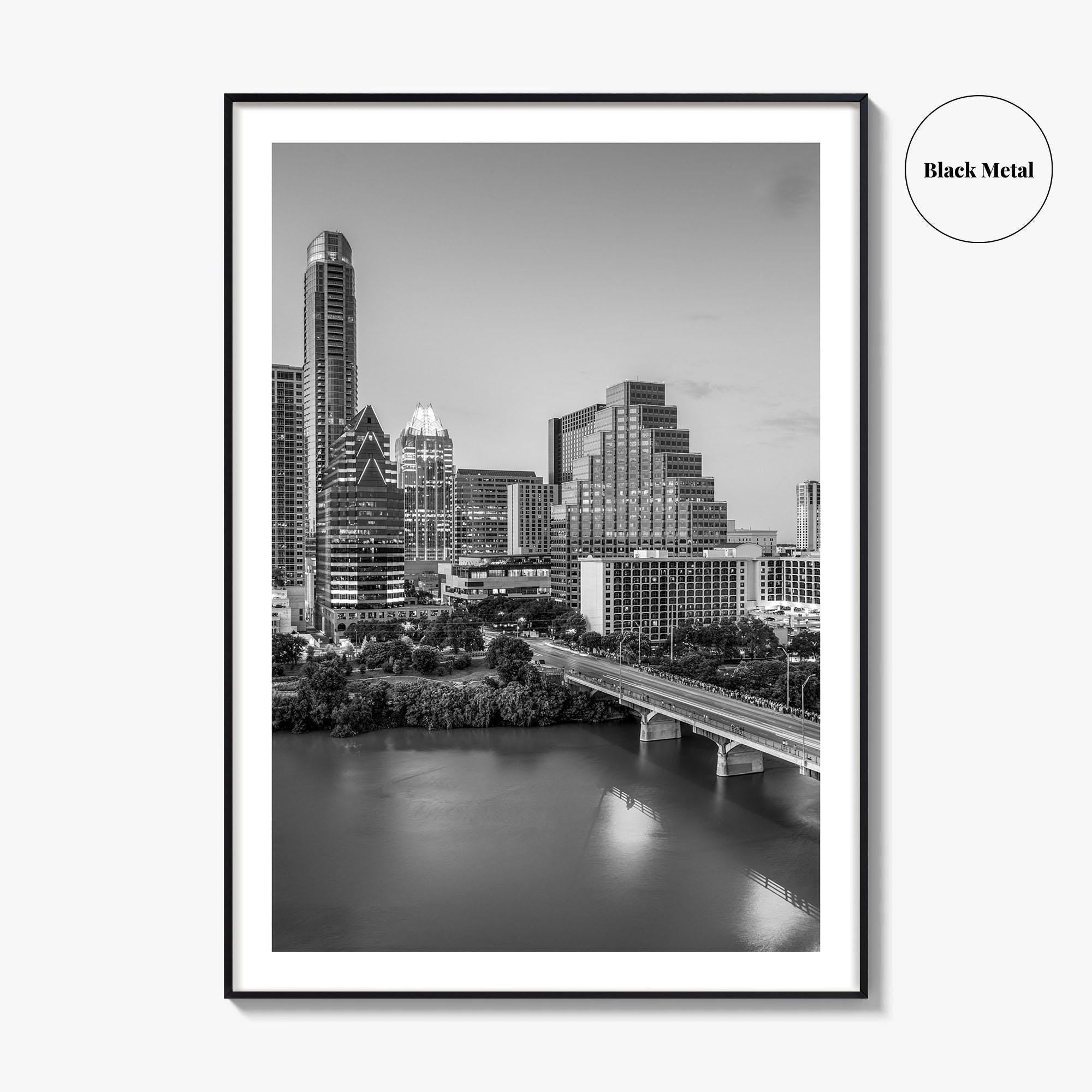 Austin Skyline Black and White Fine Art Photo Print, Texas Colorado River Poster