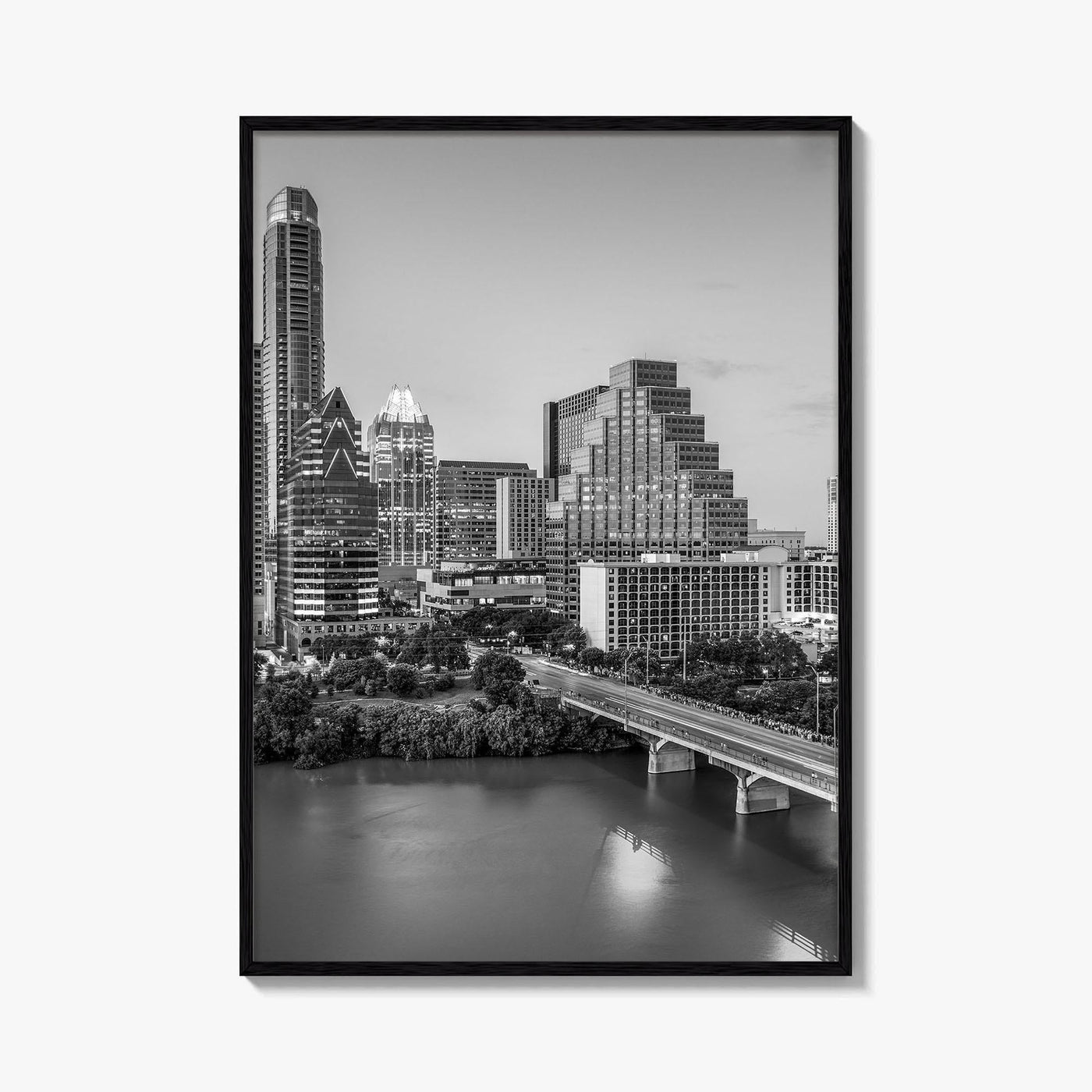 Austin Skyline Black and White Fine Art Photo Print, Texas Colorado River Poster