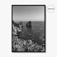 Capri Island Black and White Fine Art Photo Print, Faraglioni Cliffs, Tyrrhenian Sea, Italy