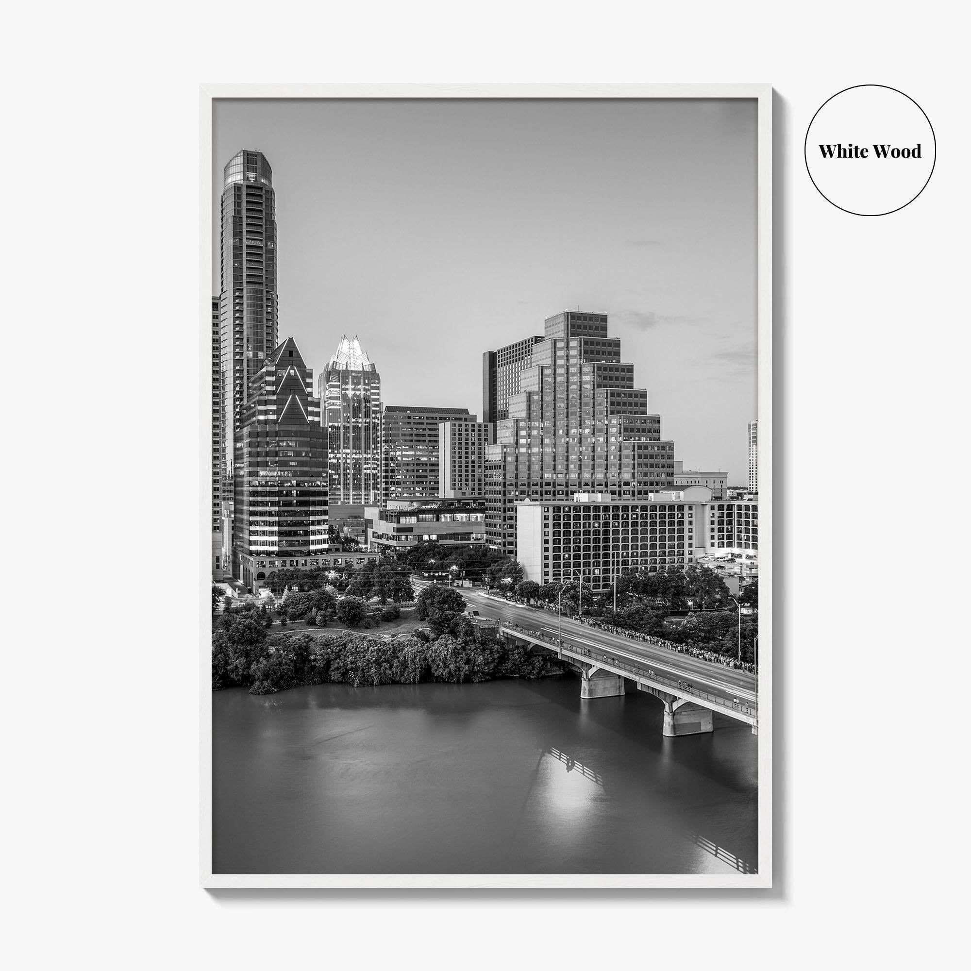 Austin Skyline Black and White Fine Art Photo Print, Texas Colorado River Poster