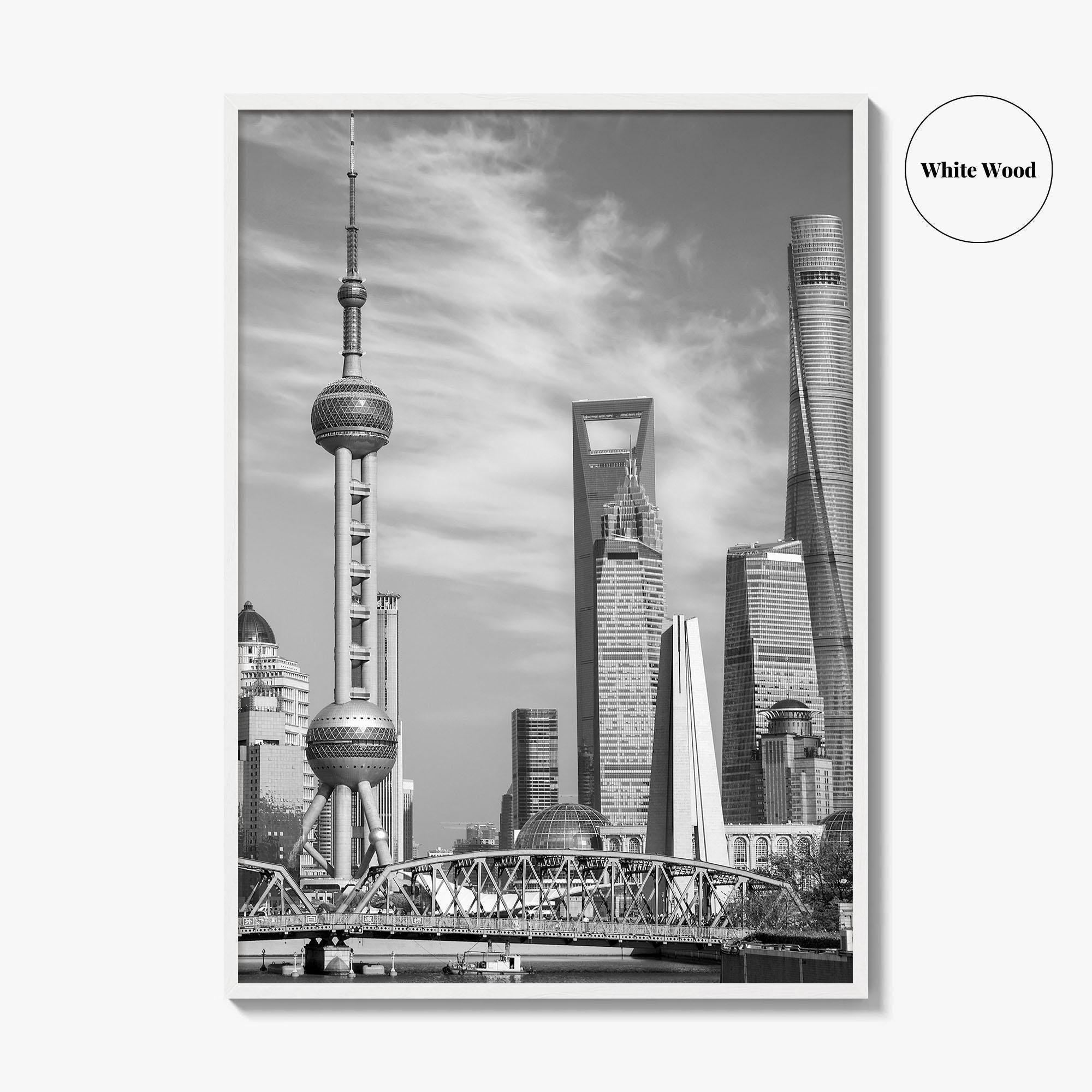 Shanghai Skyline Black and White Fine Art Photo Print, Waibaidu Bridge, China Wall Decor