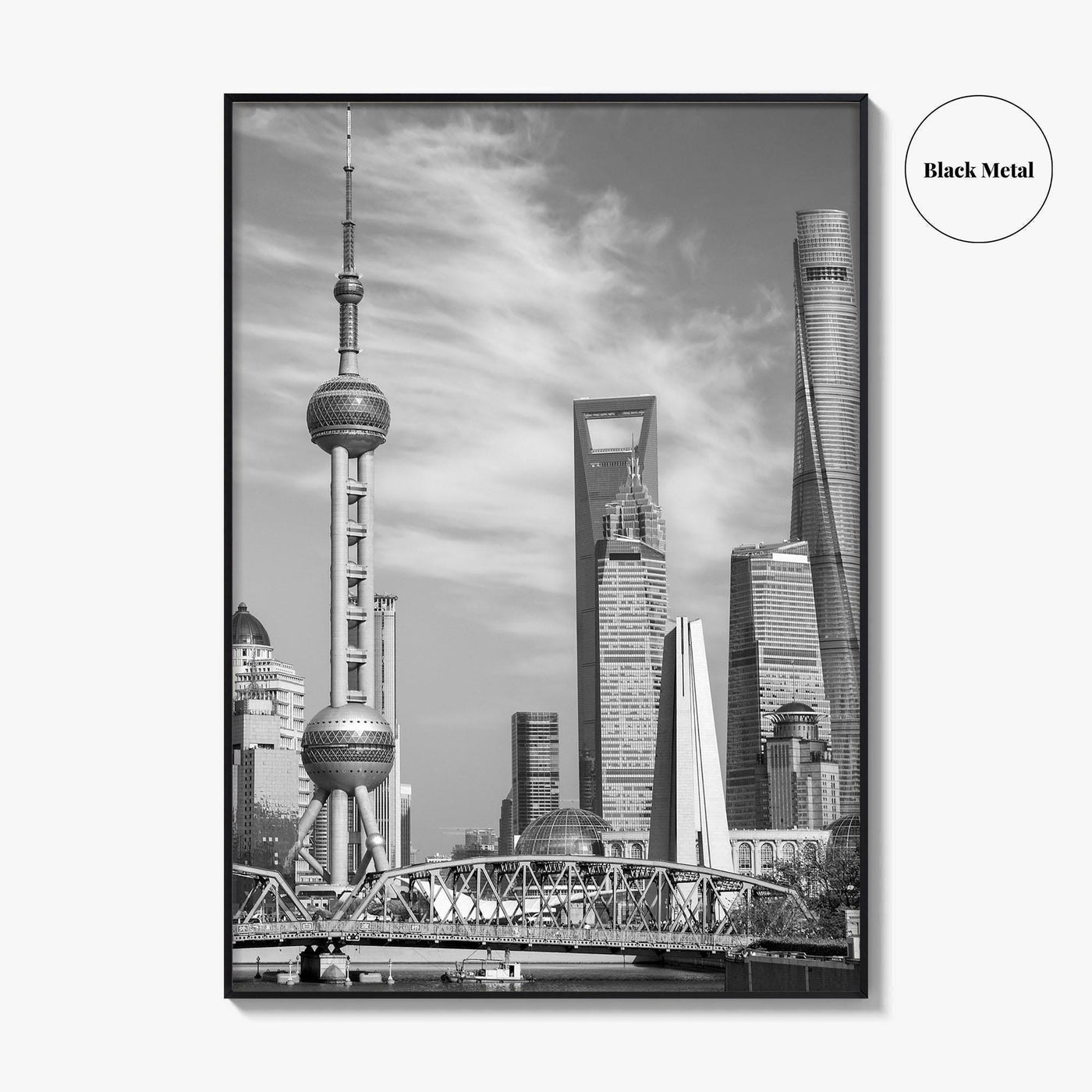 Shanghai Skyline Black and White Fine Art Photo Print, Waibaidu Bridge, China Wall Decor