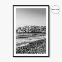 Mykonos Black and White Fine Art Photo Print, Little Venice Waterfront, Greece Wall Poster