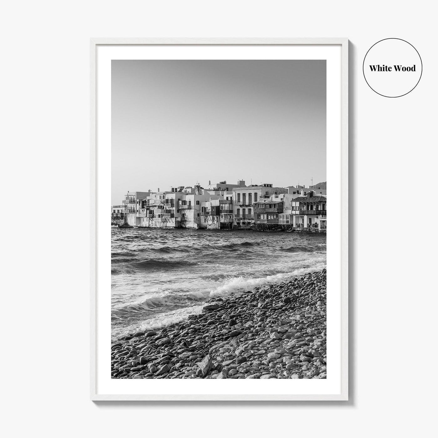 Mykonos Black and White Fine Art Photo Print, Little Venice Waterfront, Greece Wall Poster