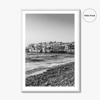 Mykonos Black and White Fine Art Photo Print, Little Venice Waterfront, Greece Wall Poster