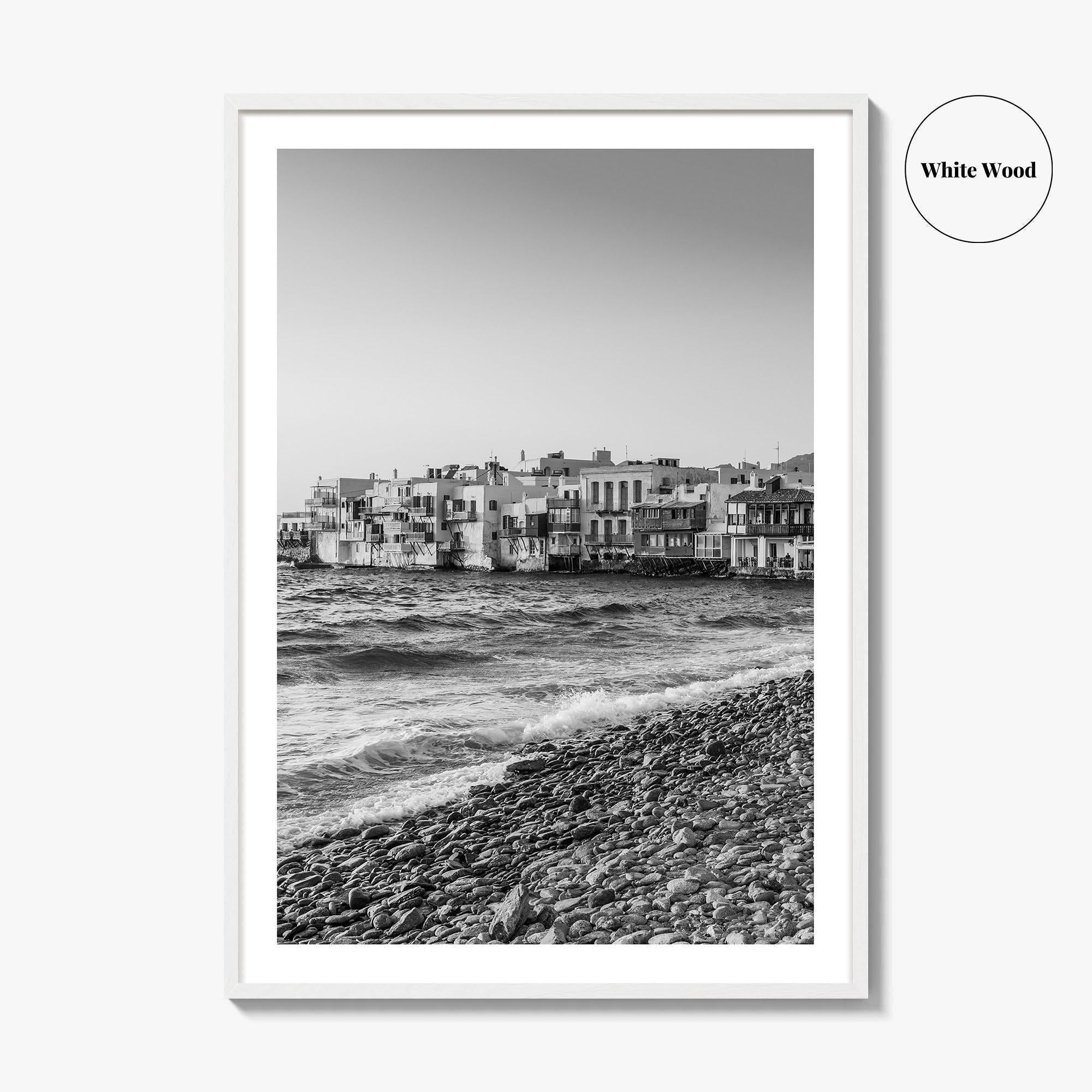 Mykonos Black and White Fine Art Photo Print, Little Venice Waterfront, Greece Wall Poster