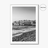 Mykonos Black and White Fine Art Photo Print, Little Venice Waterfront, Greece Wall Poster