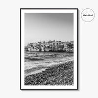 Mykonos Black and White Fine Art Photo Print, Little Venice Waterfront, Greece Wall Poster