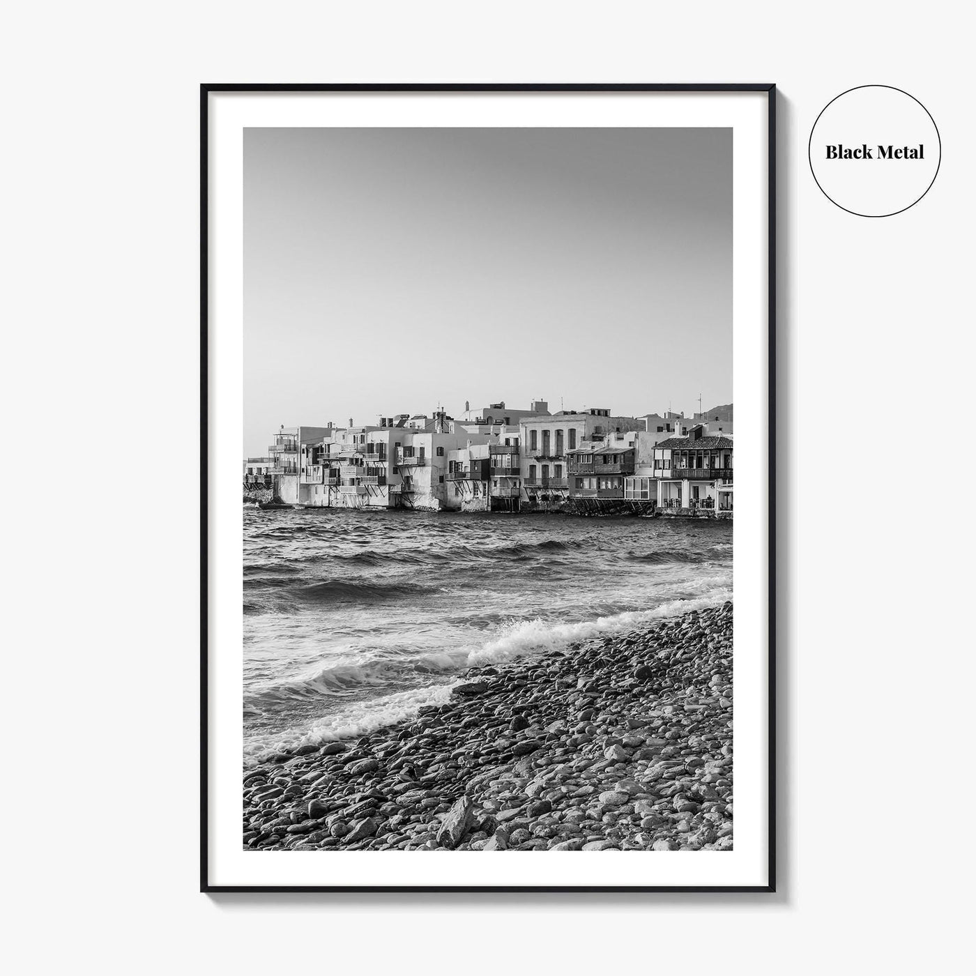 Mykonos Black and White Fine Art Photo Print, Little Venice Waterfront, Greece Wall Poster