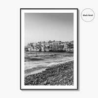 Mykonos Black and White Fine Art Photo Print, Little Venice Waterfront, Greece Wall Poster