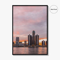 Detroit Red Skyline Fine Art Photo Print, Downtown Riverwalk, Michigan USA Wall Poster