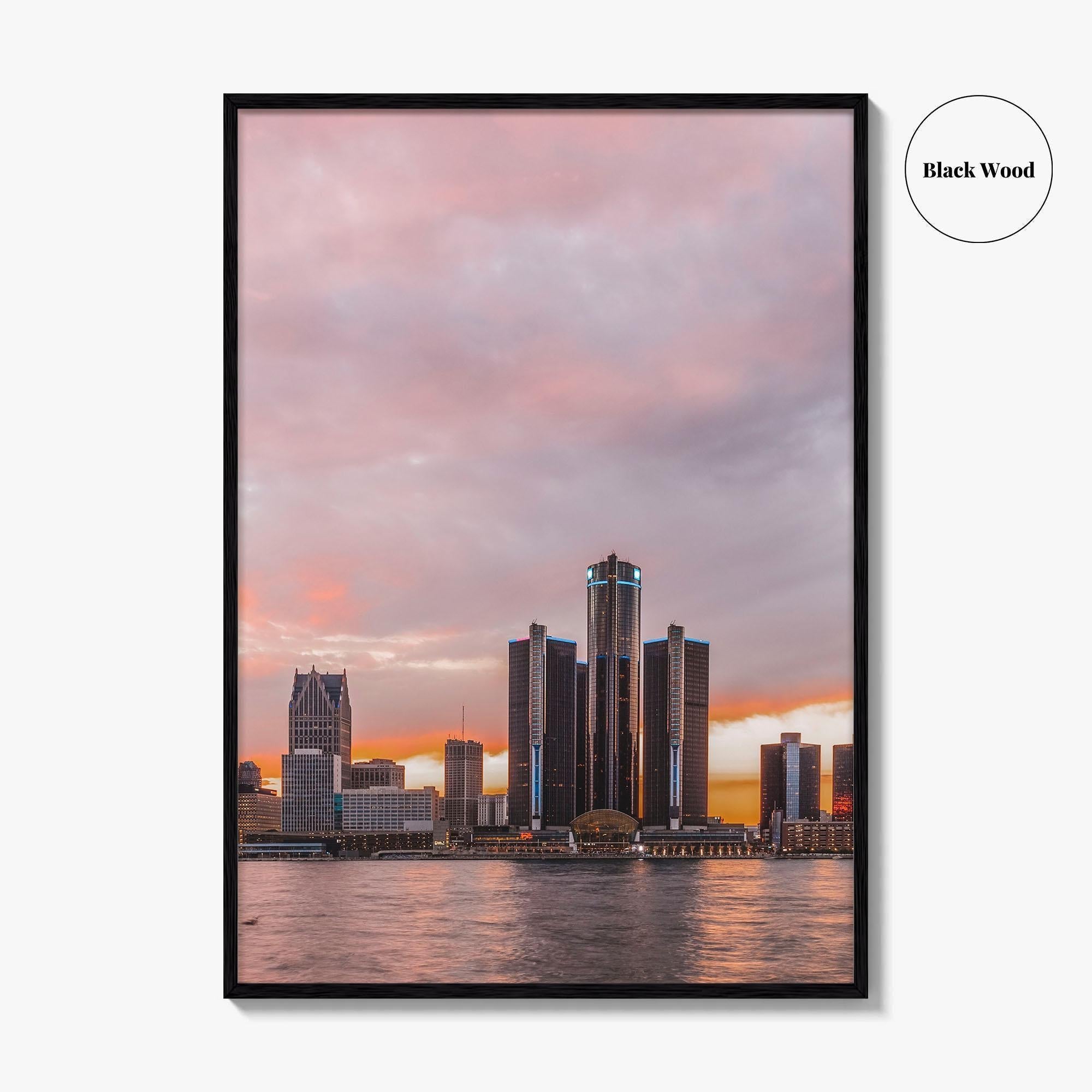 Detroit Red Skyline Fine Art Photo Print, Downtown Riverwalk, Michigan USA Wall Poster