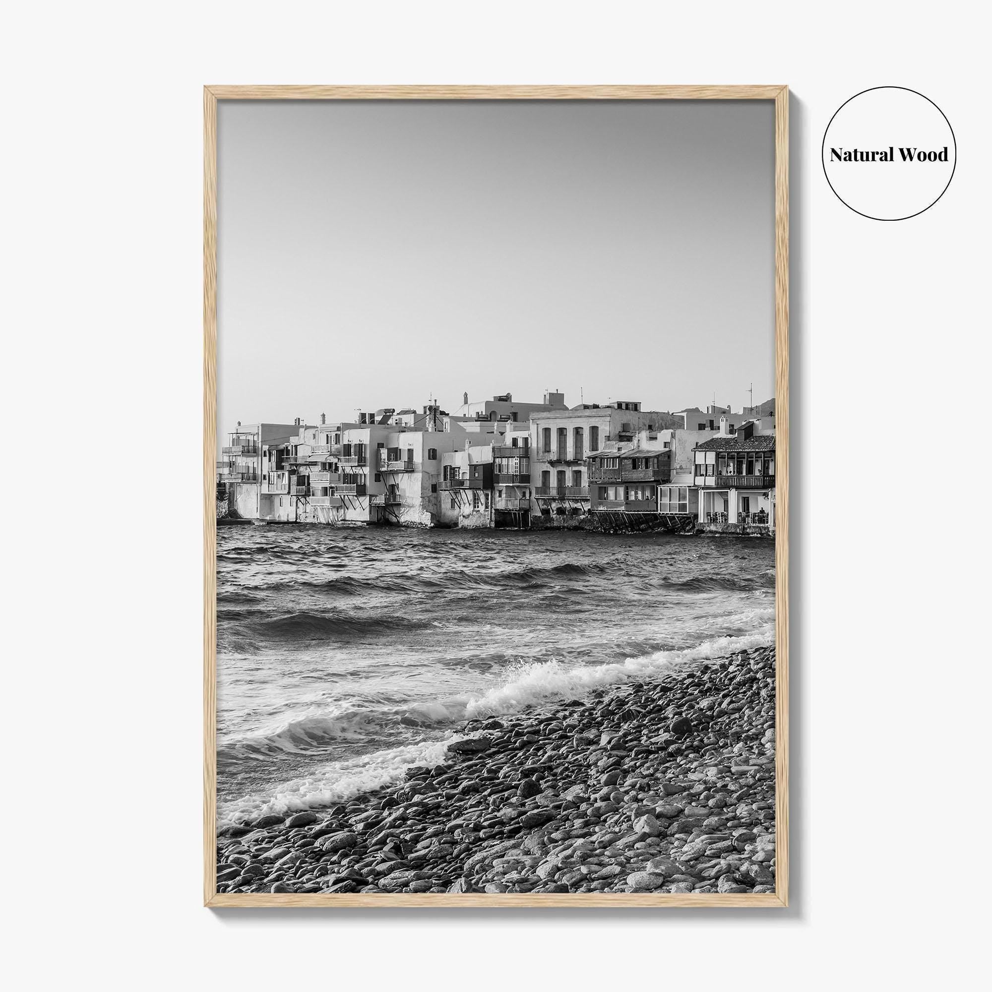 Mykonos Black and White Fine Art Photo Print, Little Venice Waterfront, Greece Wall Poster