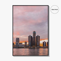 Detroit Red Skyline Fine Art Photo Print, Downtown Riverwalk, Michigan USA Wall Poster