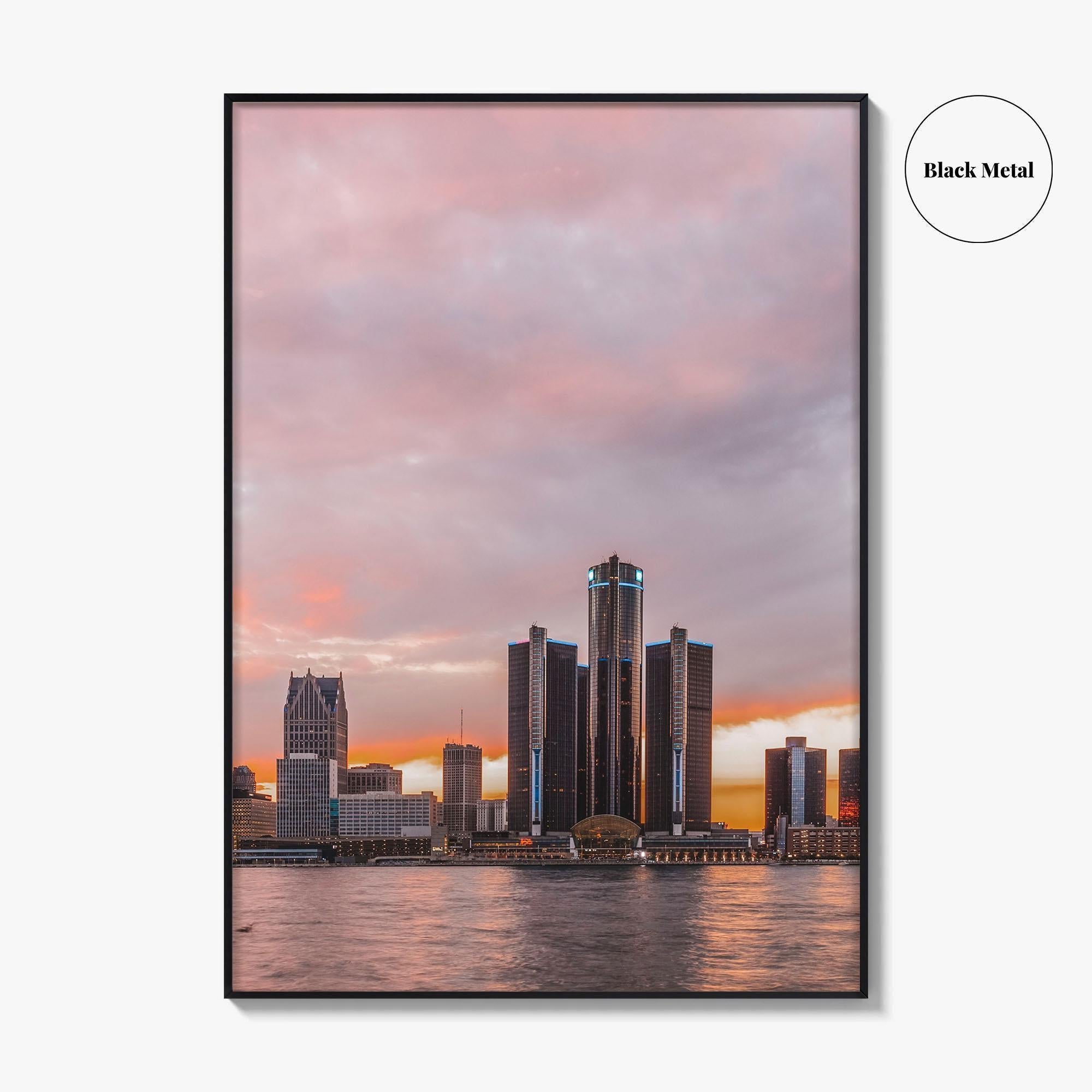 Detroit Red Skyline Fine Art Photo Print, Downtown Riverwalk, Michigan USA Wall Poster
