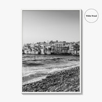 Mykonos Black and White Fine Art Photo Print, Little Venice Waterfront, Greece Wall Poster