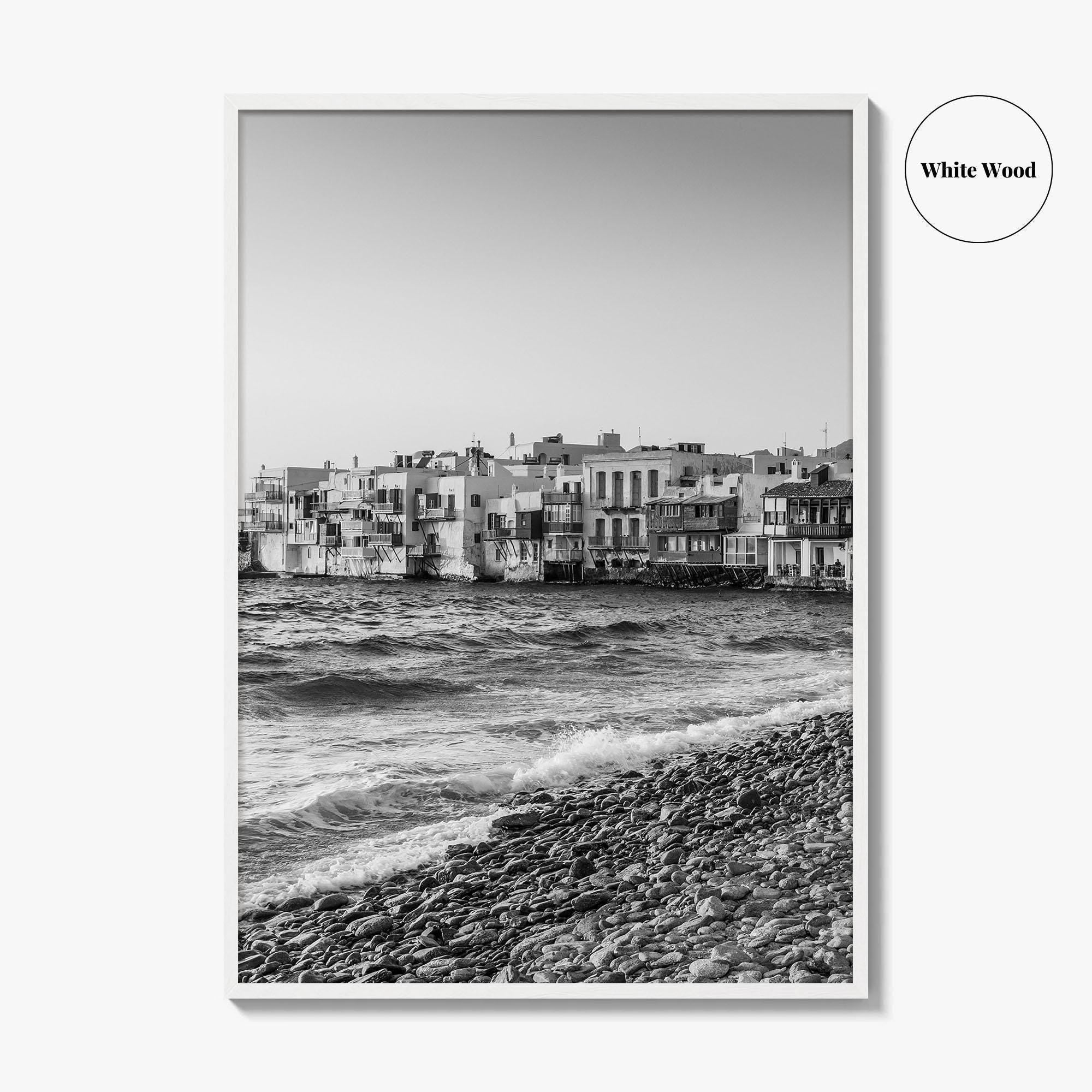 Mykonos Black and White Fine Art Photo Print, Little Venice Waterfront, Greece Wall Poster