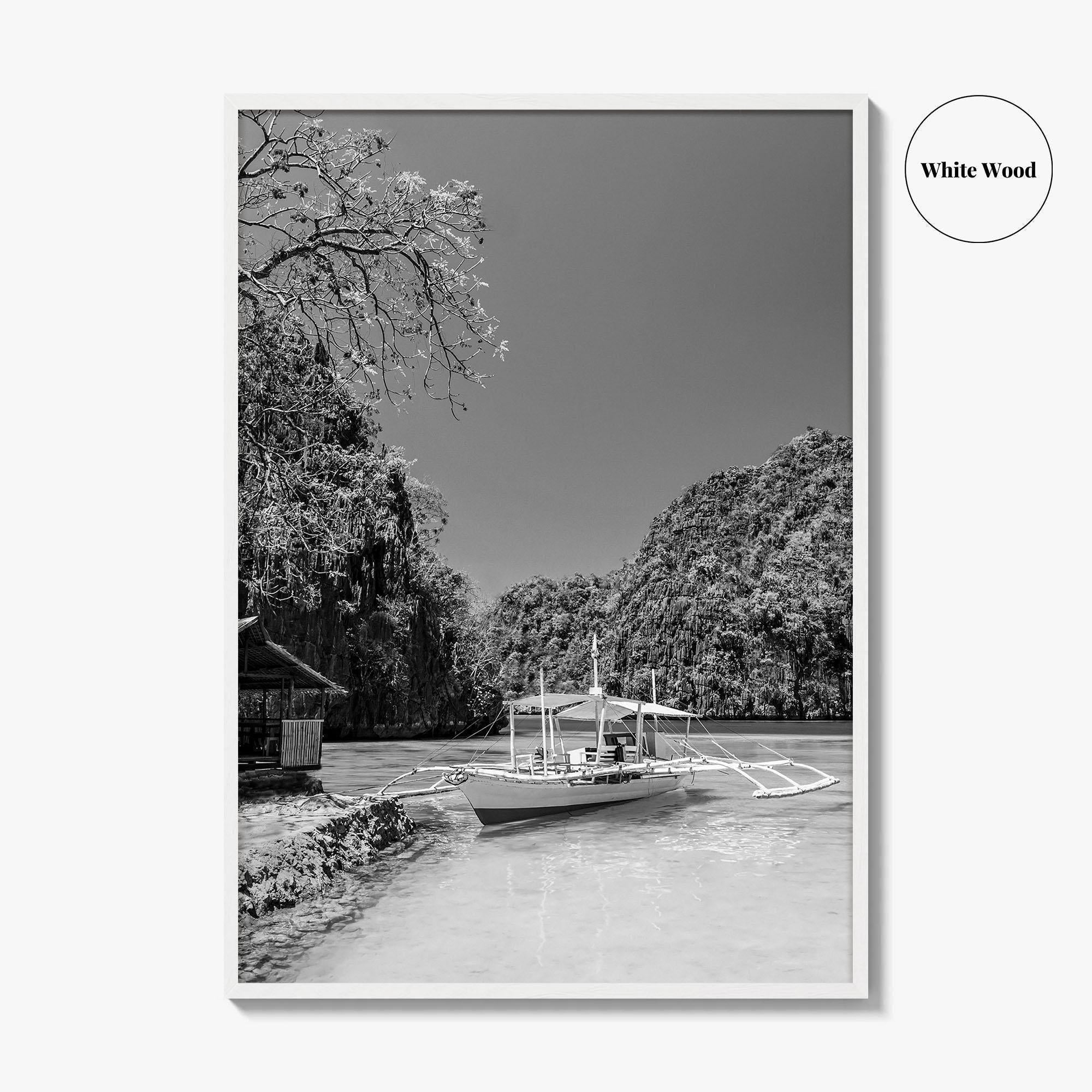Coron Black and White Fine Art Photo Print, Palawan Philippines Wall Poster, Boat