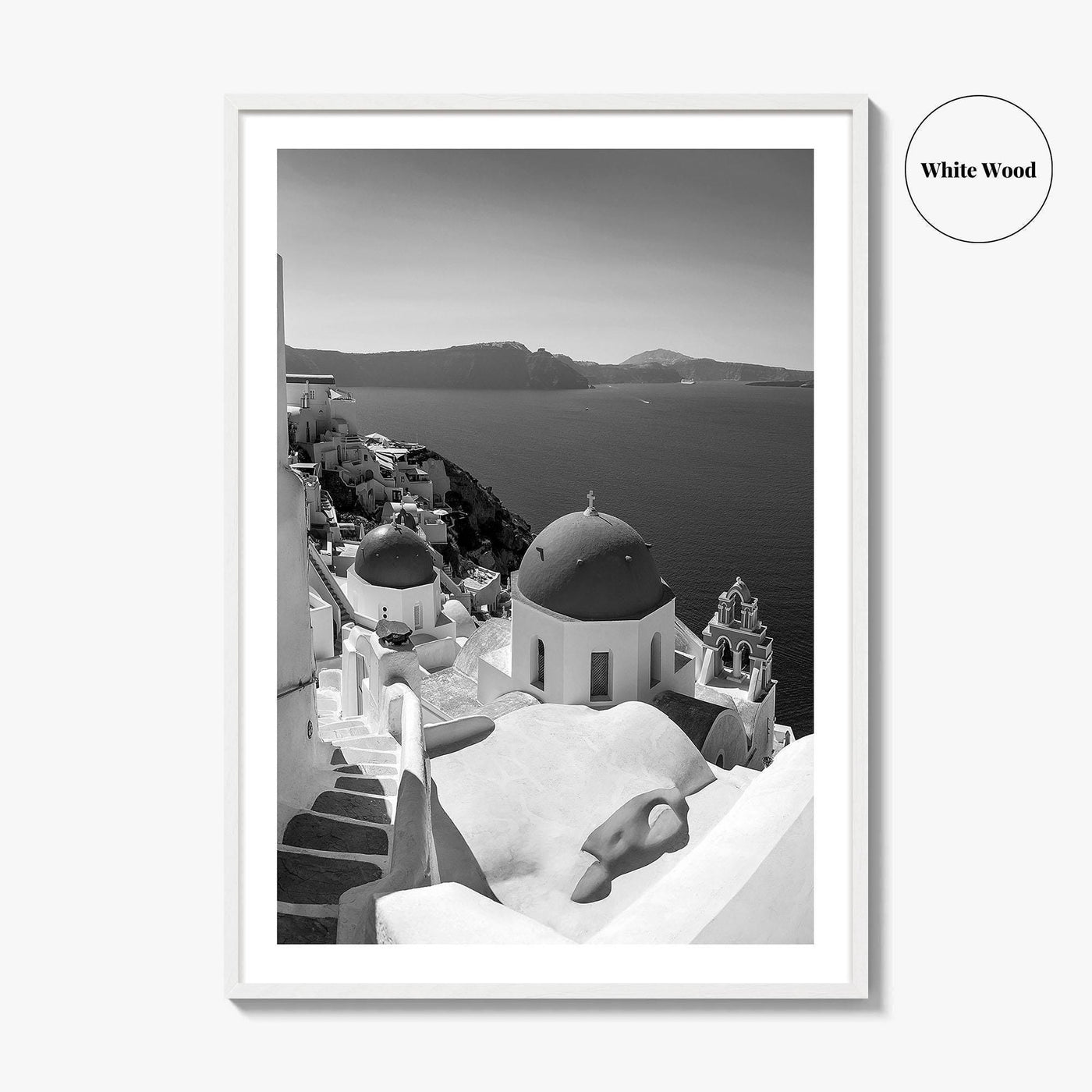 Santorini Black and White Fine Art Photo Print, Oia Greece Blue Domes Poster
