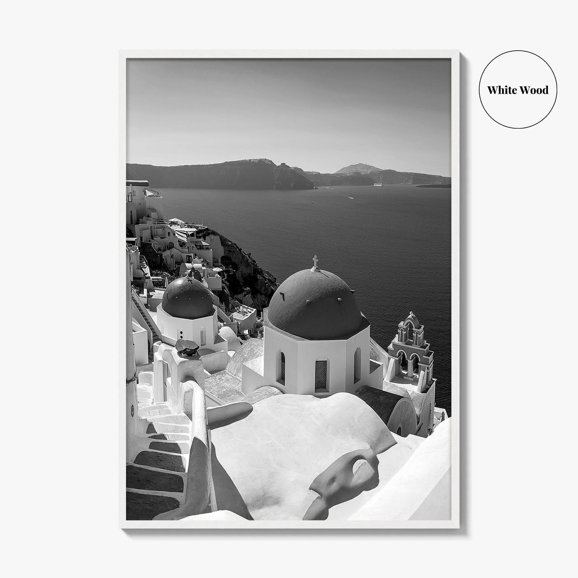 Santorini Black and White Fine Art Photo Print, Oia Greece Blue Domes Poster