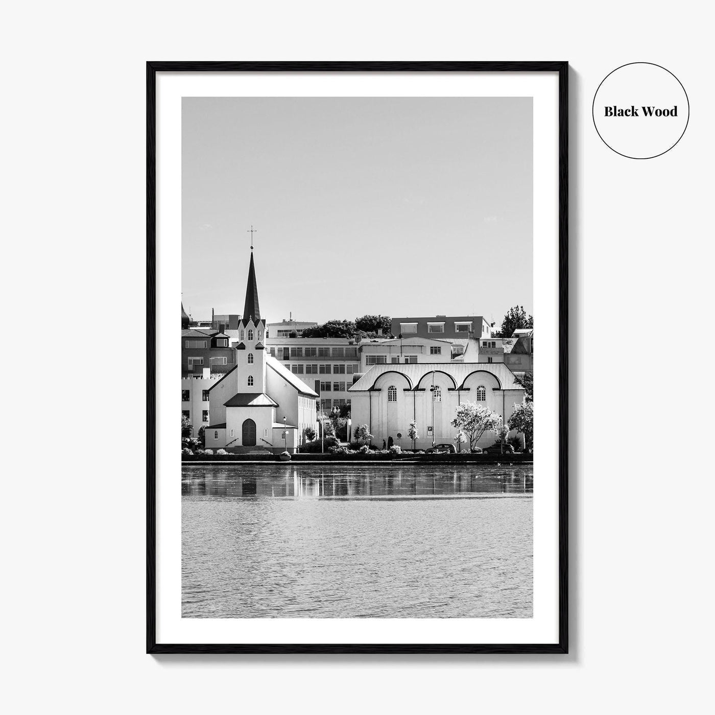 Reykjavik Black and White Fine Art Photo Print, Iceland City Center Lake Wall Poster
